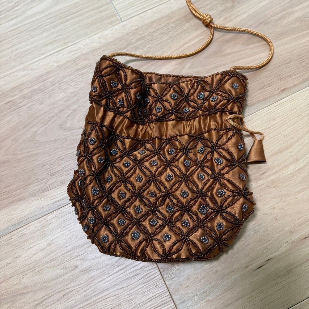 Handmade Indian Potli Clutch Bag Brown Silk Beaded Drawstring Festival BOHO